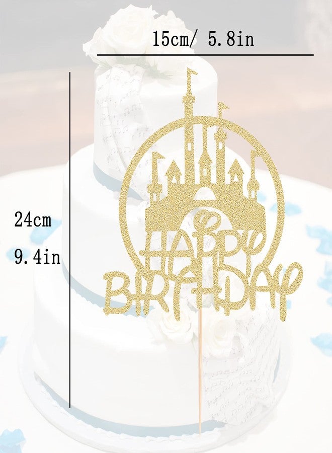 AHAORAY Castle Birthday Cake Topper - Gold Glitter Castle Theme Birthday Party Cake Decoration Supply - Princess Prince Happy Birthday Cake Topper Photo Prop - Image 2